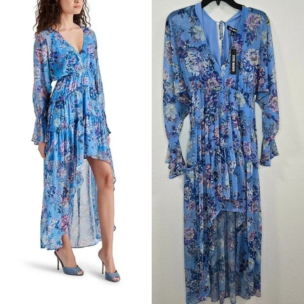 Steve Madden Sol Floral Print V Neck Long Sleeve Maxi Dress Size: S